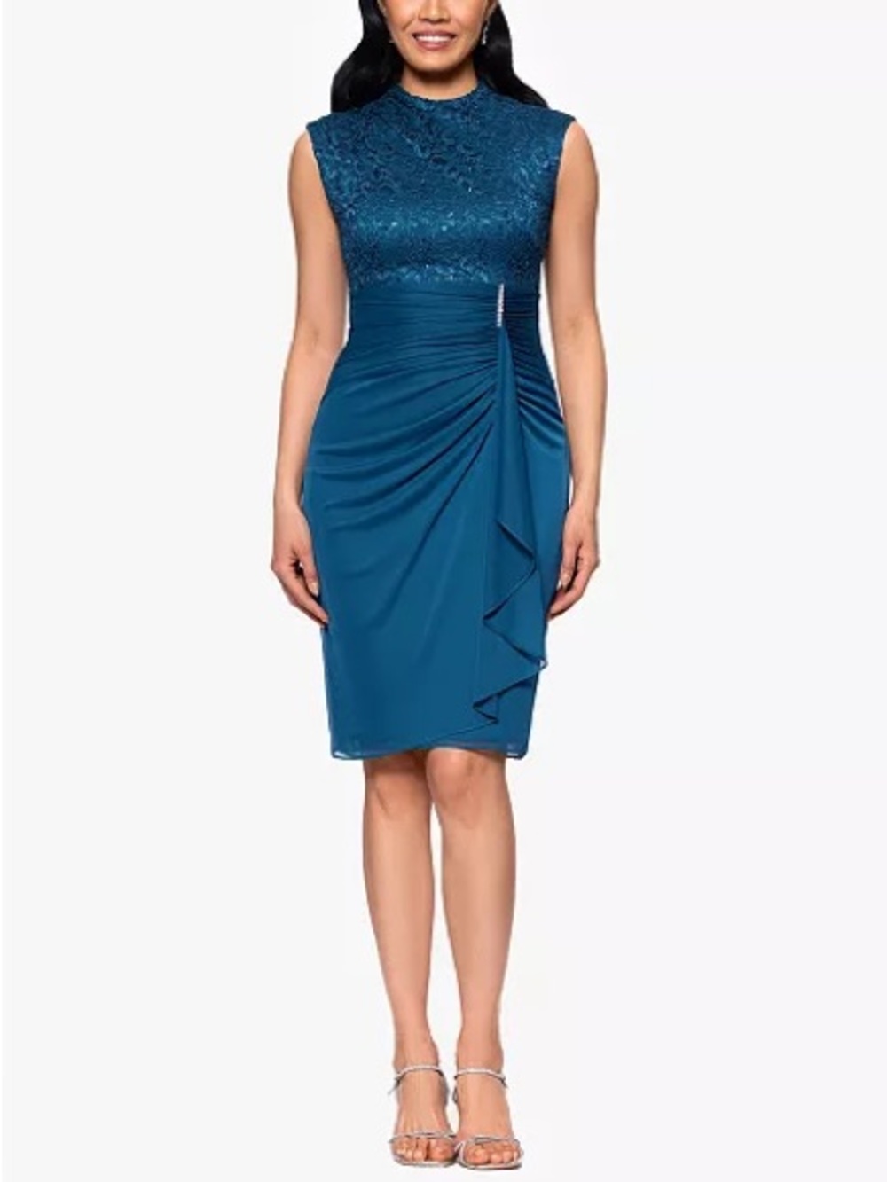 Betsy & Adam Teal Lace Ruched Midi Dress Size 2P BNWT